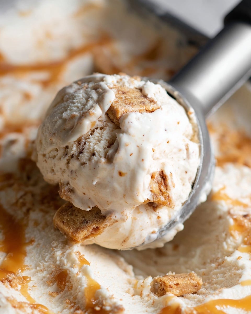 A close-up view of a scoop of chunky ice cream being lifted by a metal ice cream scooper, showing two visible layers: a creamy off-white ice cream base mixed with small brown specks and pieces of golden brown cookie or biscuit chunks evenly spread throughout, with swirls of caramel sauce marbled lightly on the surface beneath and around the scoop, all set against a white marbled texture background. photo taken with an iphone --ar 4:5 --v 7