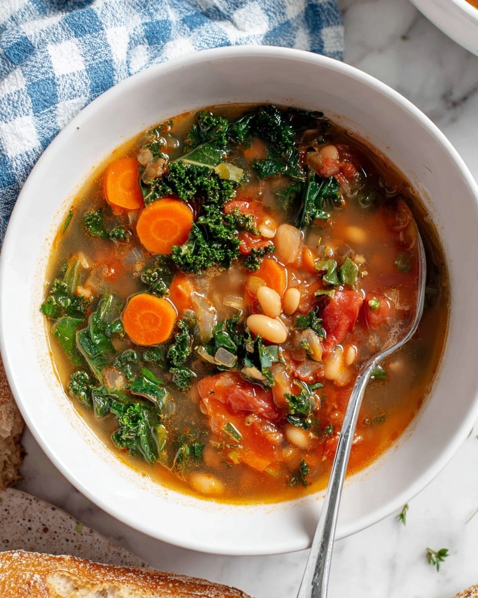 A white bowl contains a thick vegetable soup with a clear broth showing three main layers: on top, bright green wilted kale leaves add texture; the middle layer has round orange carrot slices mixed with small beige beans; the bottom layer shows chopped celery and diced tomatoes in a reddish broth. A silver spoon rests inside the bowl, partly submerged in the soup. The bowl sits on a white marbled surface with a blue and white checkered cloth in the background, and a piece of rustic bread is partially visible at the bottom left. photo taken with an iphone --ar 4:5 --v 7