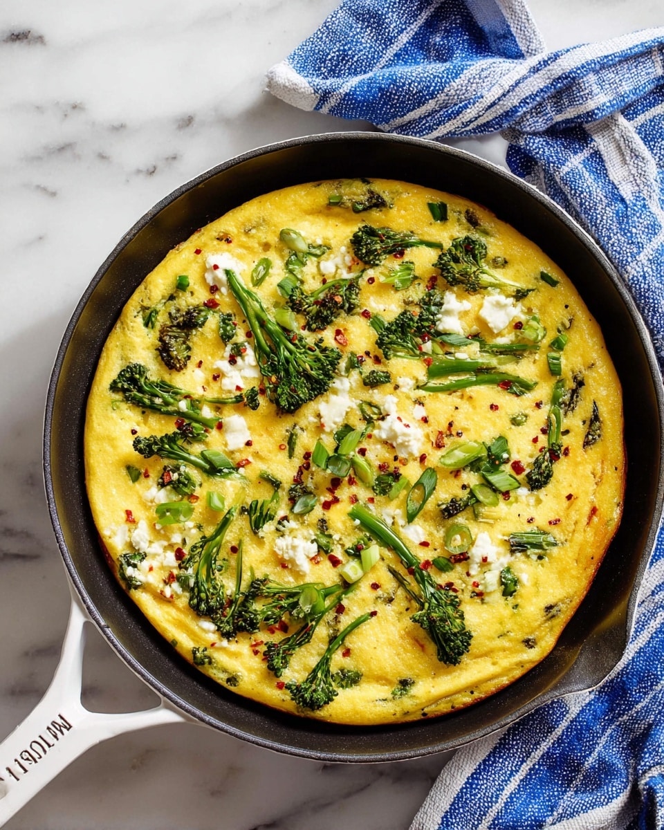 A round skillet contains a cooked egg dish with a smooth, yellow egg base as the first layer. On top, there are bright green pieces of broccolini and green peppers scattered evenly, giving a fresh look with some curves and textures. Small patches of white cheese are dotted all over the surface, adding contrast and texture. Light red pepper flakes are sprinkled across the dish, giving tiny red specks for added color. The skillet is black with a white handle that shows the brand name, placed on a white marbled surface. A blue and white striped cloth is tucked near the skillet handle. photo taken with an iphone --ar 4:5 --v 7