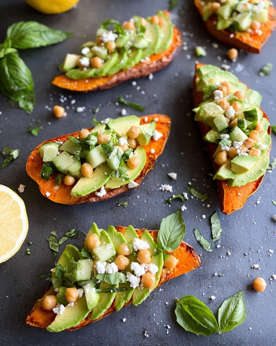 The image shows six slices of roasted sweet potato used as a base, each topped with neatly arranged layers of thinly sliced green avocado. On top of the avocado slices, there is a layer of small chickpeas, small cucumber pieces, and finely chopped basil leaves, sprinkled with white crumbled feta cheese. The slices are laid out on a dark surface with a few scattered fresh green basil leaves and bits of feta around. A half lemon is visible at the bottom left corner. The colors contrast well with the bright orange sweet potato, creamy green avocado, beige chickpeas, and white feta, all set against the dark background. Photo taken with an iphone --ar 4:5 --v 7