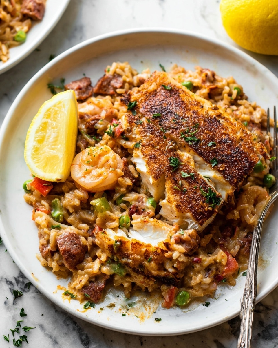 The image shows a white plate with three main layers. The bottom layer is a bed of cooked rice mixed with small chunks of browned sausage, giving it a mix of brown and reddish-brown tones. On top of the rice is a creamy sauce with diced green and red bell peppers, and small shrimp pieces, creating a textured look with orange, green, and pink colors. The top layer is a large piece of grilled fish with a golden brown, slightly crispy skin, partially flaked to show white tender fish meat inside. A bright yellow lemon wedge sits on the side of the plate. The plate is on a white marbled surface with bits of herbs scattered around, and there is a silver fork resting on the side. photo taken with an iphone --ar 4:5 --v 7