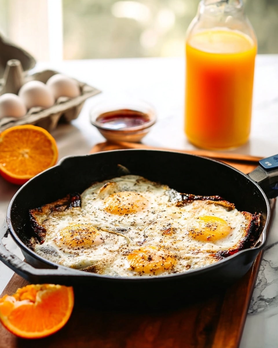 A black cast iron pan holds a dish with four fried eggs on top, each egg showing a bright yellow yolk surrounded by white that has slightly crispy edges with some dark brown spots. Beneath and around the eggs is a layer of melted cheese and a rich, red tomato sauce that peeks through unevenly, creating a mix of white, red, and golden brown colors from the crispy burnt bits. The dish sits on a warm wooden surface with two glasses of orange juice and a bowl of chunky tomato sauce in the blurred background, with an orange slice at the edge of the frame. The overall look is rustic and hearty, with warm and earthy tones on a white marbled textured surface. photo taken with an iphone --ar 4:5 --v 7
