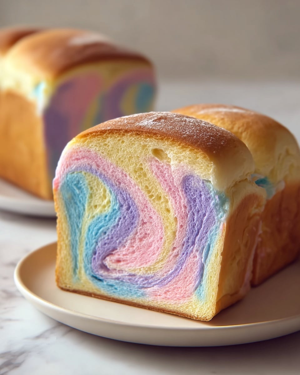 A rectangular loaf of bread with a smooth top surface showing a colorful swirl pattern made of pastel pink, blue, yellow, and purple shades, sits on a white oval plate placed on a white marbled texture. One thick slice is cut from the loaf and laid flat in front, revealing a soft, spongy inside with the same vibrant swirls flowing through the layers in a marbled effect. The crust is lightly browned on the sides, and the colors blend gently, creating a rainbow appearance. Photo taken with an iphone --ar 4:5 --v 7