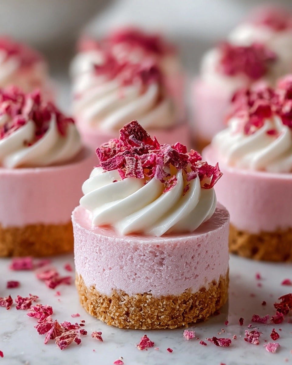 A close-up view of small round desserts with three visible layers: the bottom layer is a rough textured golden brown crust, the middle layer is a smooth pink mousse, and the top layer is soft white whipped cream swirled with a peak. On top of each dessert, there are pieces of crushed pink-red raspberry flakes sprinkled, adding a rough texture and vibrant color contrast. These mini desserts are arranged closely together on a white marbled surface with some scattered raspberry flakes around. The lighting is soft, highlighting the texture and colors. photo taken with an iphone --ar 4:5 --v 7