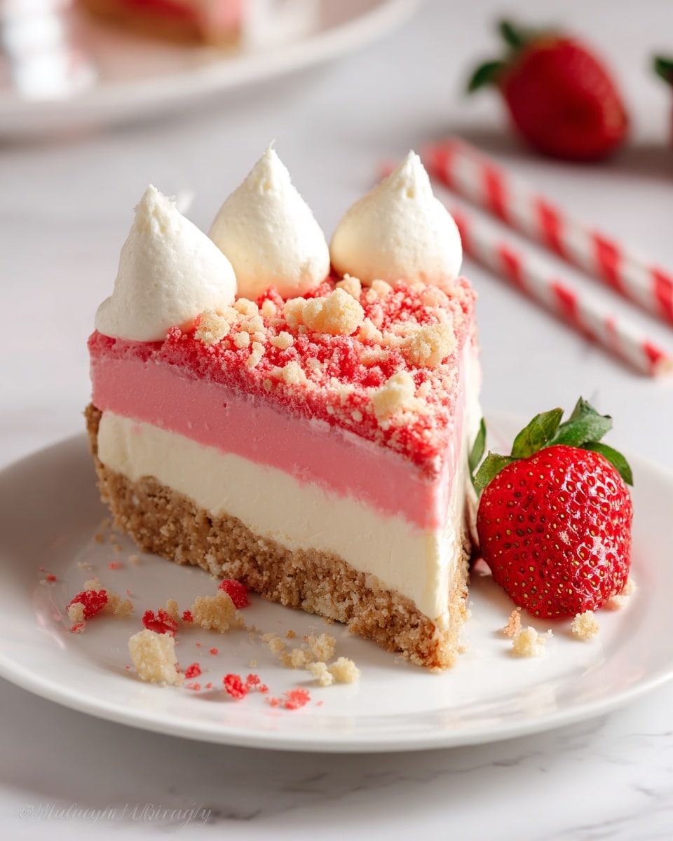 A slice of cake is placed on a white plate with a white marbled background. The cake has three layers: a crumbly light brown base, a thick creamy white middle layer, and a smooth pink top layer. The top is sprinkled with red and beige crumbs and has three dollops of white cream along the edge. A fresh red strawberry with green leaves sits beside the cake slice. The plate has some crumbs scattered around, and two red and white striped straws lie in front of it. Photo taken with an iphone --ar 4:5 --v 7
