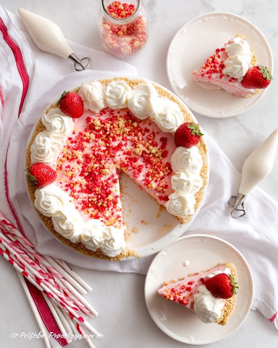 A round pie with a golden crumb crust topped with a thick layer of bright pink filling sprinkled with red and yellow crumbs, decorated with evenly spaced large white cream dollops around the edge, with one slice removed. Two white plates each hold a slice of the pie with white cream dollops on top and a whole fresh red strawberry beside the slice. A white cloth with red stripes is under the pie dish, which sits on a white marbled surface. Nearby are pink and red striped straws, a piping bag filled with white cream, and a small glass jar containing red and yellow crumb topping. Photo taken with an iphone --ar 4:5 --v 7