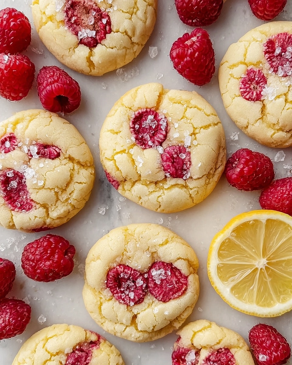 The image shows a group of round lemon cookies on a white marbled surface. Each cookie has a cracked, pale yellow top layer with bright red raspberries partially visible within them. The raspberries add a textured, bumpy red layer in the cookie’s center. Scattered flaky white sea salt crystals cover the cookies, adding a sparkling effect. Around the cookies, fresh whole raspberries with a shiny red surface and bumpy texture are placed. A halved lemon with a bright yellow rind and pale yellow segmented inside rests among the cookies and raspberries, adding a fresh, citrus look. photo taken with an iphone --ar 4:5 --v 7