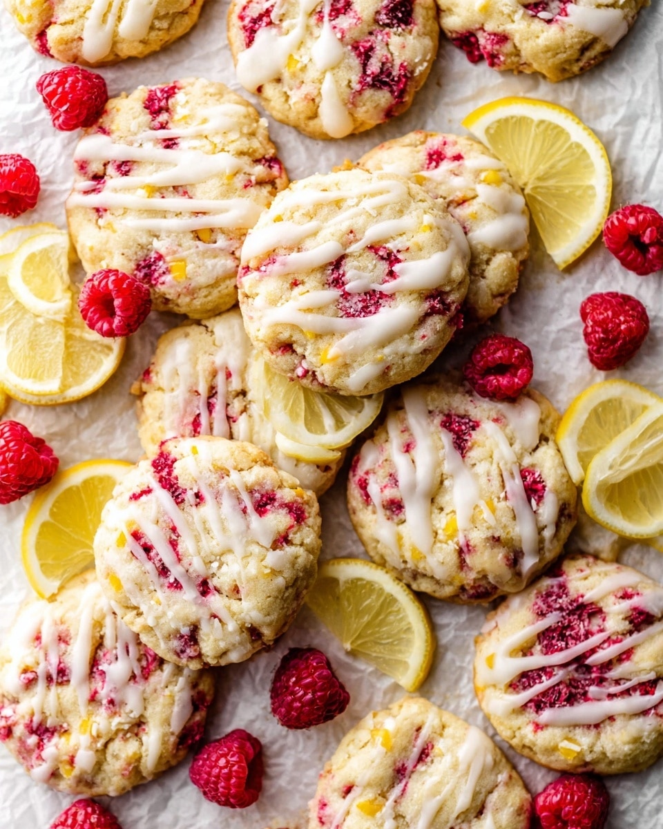A close-up of many round cookies on crumpled parchment paper, each cookie showing a soft, pale yellow base with bright red raspberry pieces swirled throughout, topped with thin, shiny white icing drizzled over the surface. The cookies are thick with a slightly cracked texture, scattered among fresh whole raspberries and bright yellow lemon wedges, all placed on a white marbled texture. The colors are vibrant, with the red raspberries and yellow lemons contrasting nicely against the light cookies and white icing. The scene is bright and fresh. photo taken with an iphone --ar 4:5 --v 7