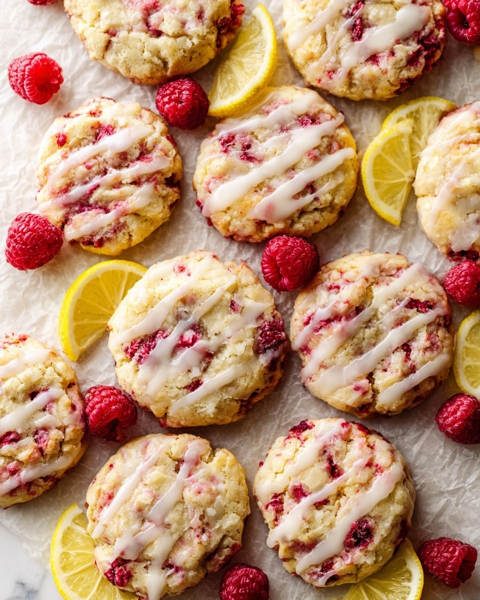 A cluster of soft, round cookies spread on crinkled parchment paper over a white marbled surface, each cookie showing layers of pale golden dough speckled and swirled with bright red raspberry pieces, topped with a thin, shiny layer of white glaze drizzled unevenly across their tops, scattered with whole fresh red raspberries and bright yellow lemon wedges to add color contrast; the cookies have a slightly cracked texture with visible raspberry bits within. photo taken with an iphone --ar 4:5 --v 7