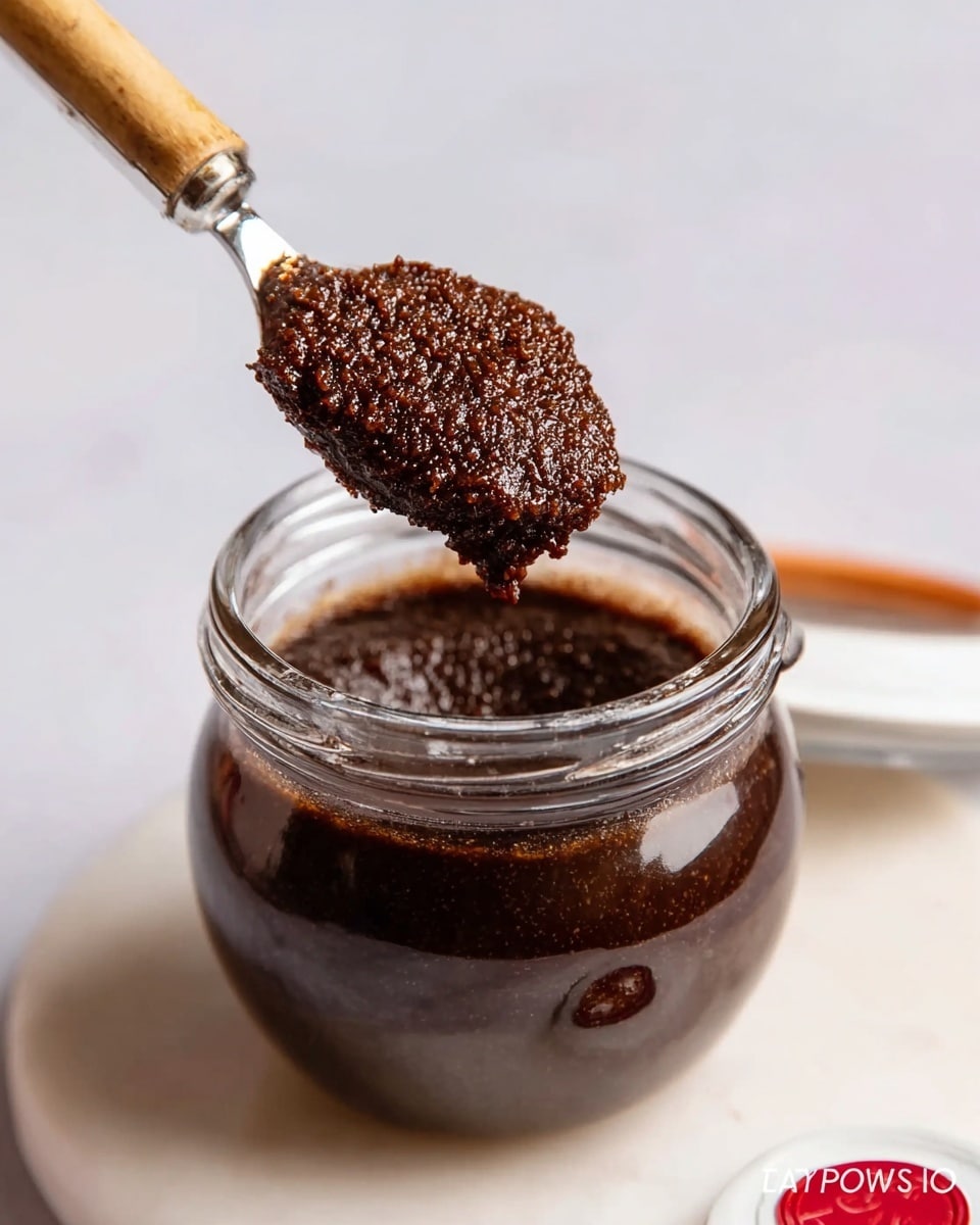 A close-up image of a small, clear glass jar filled with a thick, dark brown mixture that looks rich and grainy, almost like a thick paste. A spoon with a wooden handle is lifting some of this dark mixture from the jar, showing its dense and slightly glossy texture. The jar is placed on a smooth white marbled surface, and a white lid with a red seal sits slightly open in the background. The focus is on the thick, dark paste and the shiny spoon holding it. photo taken with an iphone --ar 4:5 --v 7