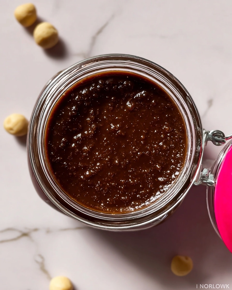 A top view of a clear glass jar filled with a dark brown, glossy spread that has a slightly grainy texture. The jar is open with a bright pink seal ring visible on the side, placed on a white marbled surface. Around the jar, there are a few scattered round beige nuts, adding detail to the setting. The light reflects softly off the spread’s surface, highlighting its rich and thick consistency. photo taken with an iphone --ar 4:5 --v 7