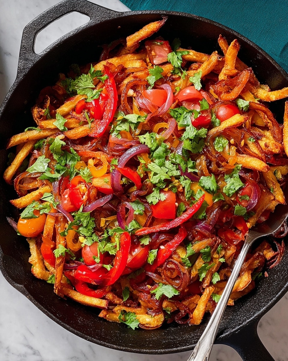 The image shows a black cast iron skillet filled with a colorful mix of food, placed on a white marbled surface. The dish consists of three main layers: a base layer of golden-brown fried potato sticks with crispy edges, scattered throughout with a mix of sautéed red onion slices that have a glossy, slightly caramelized texture, and thin red chili strips adding a bright red contrast. Large chunks of soft, cooked red tomatoes are mixed in, adding juicy red and orange tones. The dish is topped with fresh green cilantro leaves sprinkled unevenly across the skillet, bringing a fresh, leafy texture to the vibrant, warm-colored layers below. A silver spoon is partially visible inside the skillet, resting on the mixture. Photo taken with an iphone --ar 4:5 --v 7