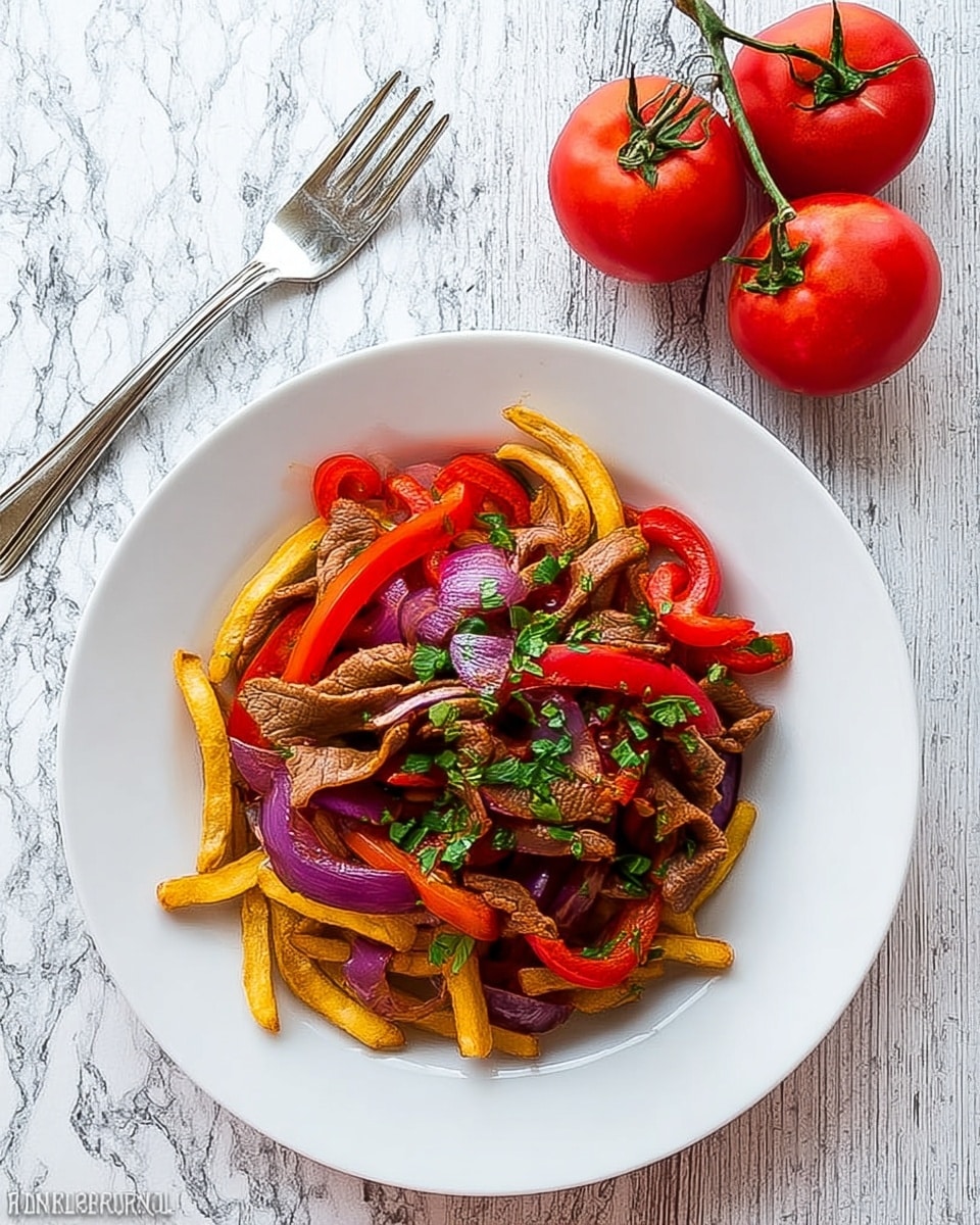 A round white plate holds a colorful stir fry made of several layers: at the bottom, thin yellow strips resembling cooked fries; on top, bright red bell pepper slices and purple-red onion pieces; scattered across are light brown strips of vegan meat and small green herb leaves sprinkled all over. To the upper right of the plate, a vine with three plump red tomatoes rests on a white marbled surface. A silver fork lies to the left of the plate. The photo taken with an iphone --ar 4:5 --v 7
