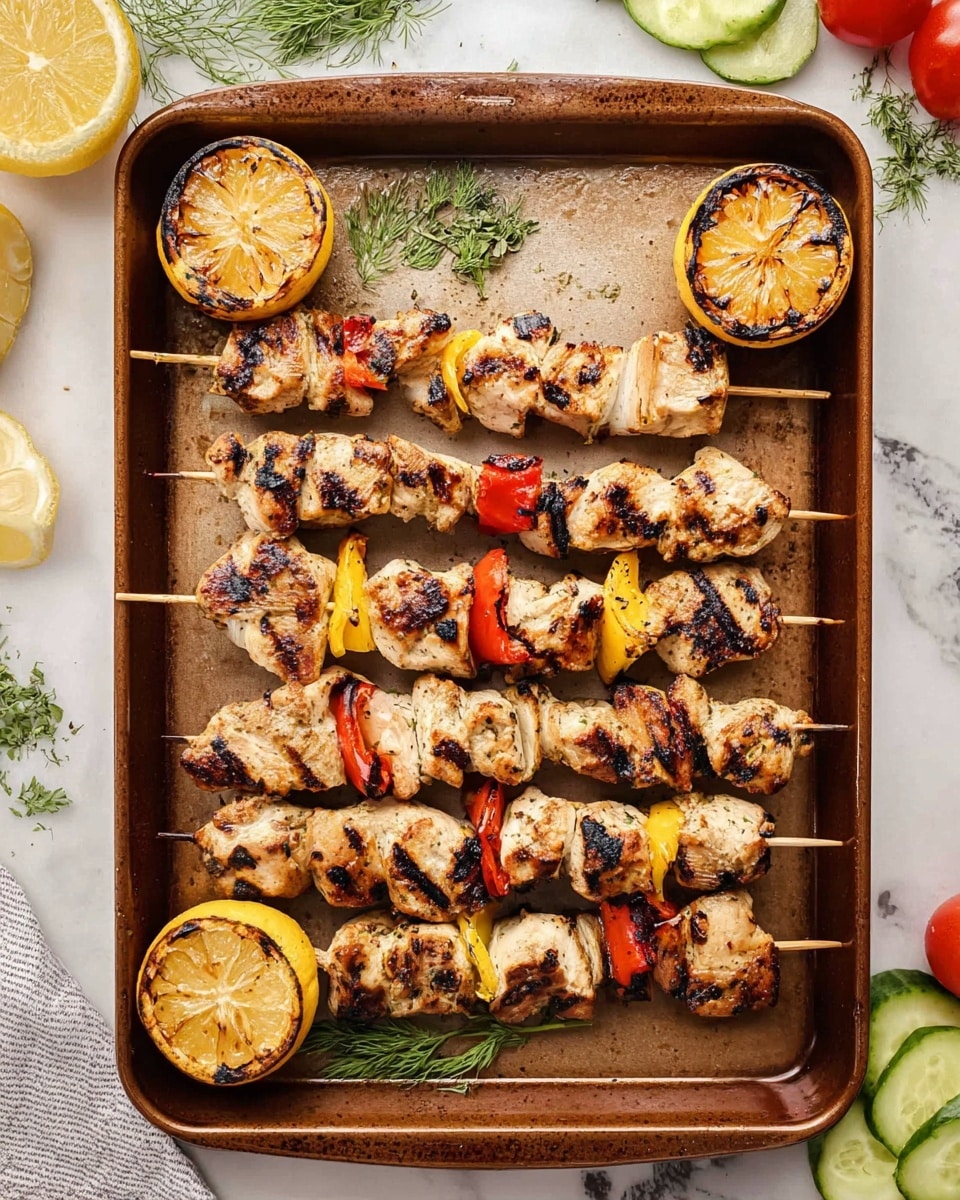 The dish shows six wooden skewers laid out horizontally on a brown roasting pan, each skewer holding several grilled chicken chunks with visible dark grill marks, alternating with small pieces of red and yellow bell peppers. Two large grilled lemon halves, charred and deep golden, are placed at the left and right edges of the pan. The chicken pieces are light beige with some blackened spots from grilling, while the pepper pieces add vibrant red and yellow colors. The pan rests on a white marbled surface, with small green herbs, sliced cucumber, and tomato off to the sides, hinting at a fresh accompaniment. Photo taken with an iphone --ar 4:5 --v 7