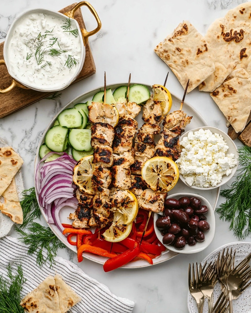 A white round plate holds five grilled chicken kebabs with slightly charred lemon slices on top, arranged diagonally in the center. Around the kebabs, there are slices of green cucumbers, red bell pepper strips, and dark black olives on the right side, with crumbled white feta cheese in a small white bowl near the top. To the left, there are thin slices of red onion and folded pieces of pita bread. In the top left corner, a white bowl with golden handles contains a creamy white sauce sprinkled with dill. The whole setting is on a white marbled surface with a white striped cloth underneath the plate and other dishes, including a white plate with forks on the bottom right. photo taken with an iphone --ar 4:5 --v 7