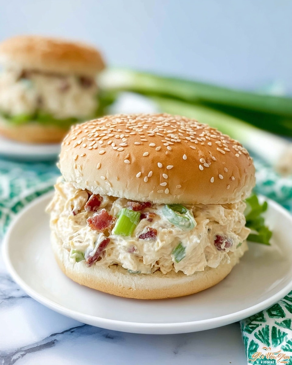 The image shows a sandwich on a white plate, placed on a white marbled surface. The sandwich has a sesame seed bun on top, with a light golden-brown color and soft texture. Inside, there are two thick layers: the bottom layer is the soft bun, and the top filling is a creamy white chicken salad mixed with small pieces of green onion and bits of reddish-brown bacon, giving it a chunky and mixed texture. Some green onion pieces stick out, adding spots of bright green to the creamy filling. In the background, there is another sandwich slightly blurred on a white plate, along with some fresh green onions and a green patterned cloth. photo taken with an iphone --ar 4:5 --v 7
