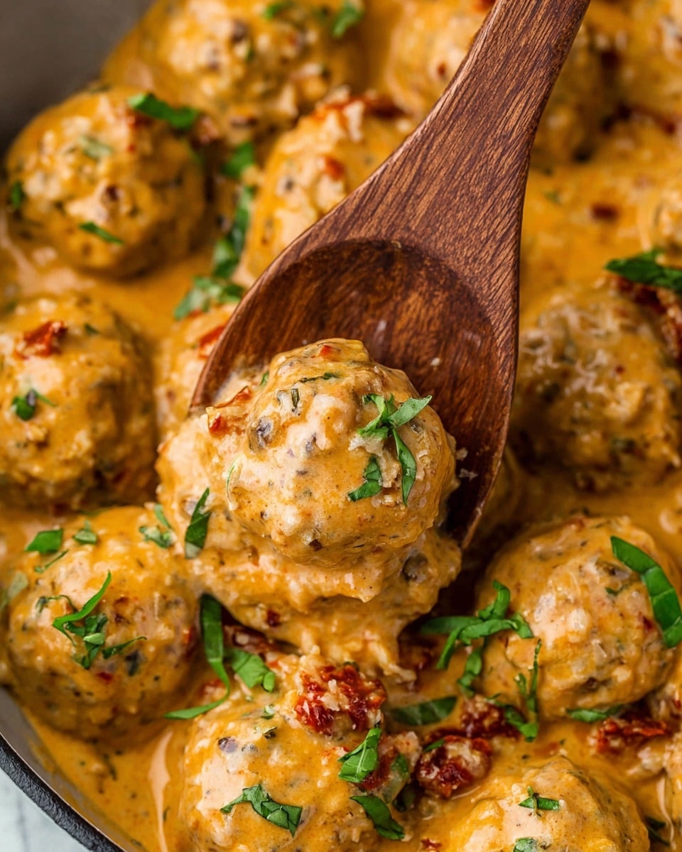 The image shows a close-up of creamy meatballs in a rich orange sauce filled with small pieces of red sun-dried tomatoes and green fresh herbs sprinkled on top. The meatballs are round and covered fully with the thick sauce, which has a smooth, slightly glossy texture. A wooden spoon is lifting two meatballs, showing their round shape and the creamy coating with bits of herbs and tomato on them. The background features more meatballs all covered in the same sauce, sitting on a white marbled surface. photo taken with an iphone --ar 4:5 --v 7