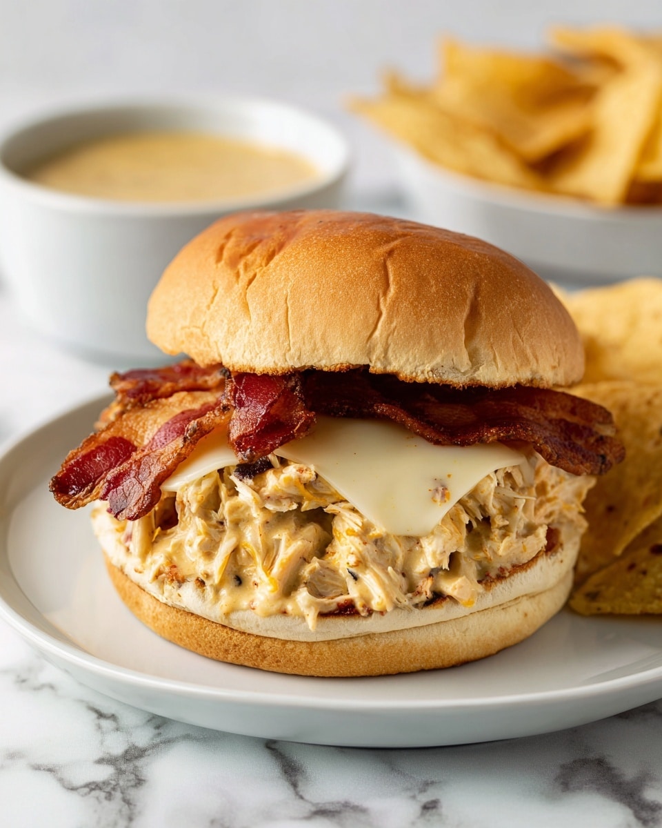 The image shows a close-up of a sandwich on a white plate with shredded chicken mixed with a creamy sauce as the bottom layer, topped with a slice of melted white cheese, and two crispy bacon strips laid over it. The sandwich is held together by a soft, golden-brown bun. In the background, there is a bowl of pale yellow dipping sauce and some light yellow tortilla chips scattered around the plate, all set on a white marbled surface. Photo taken with an iphone --ar 4:5 --v 7