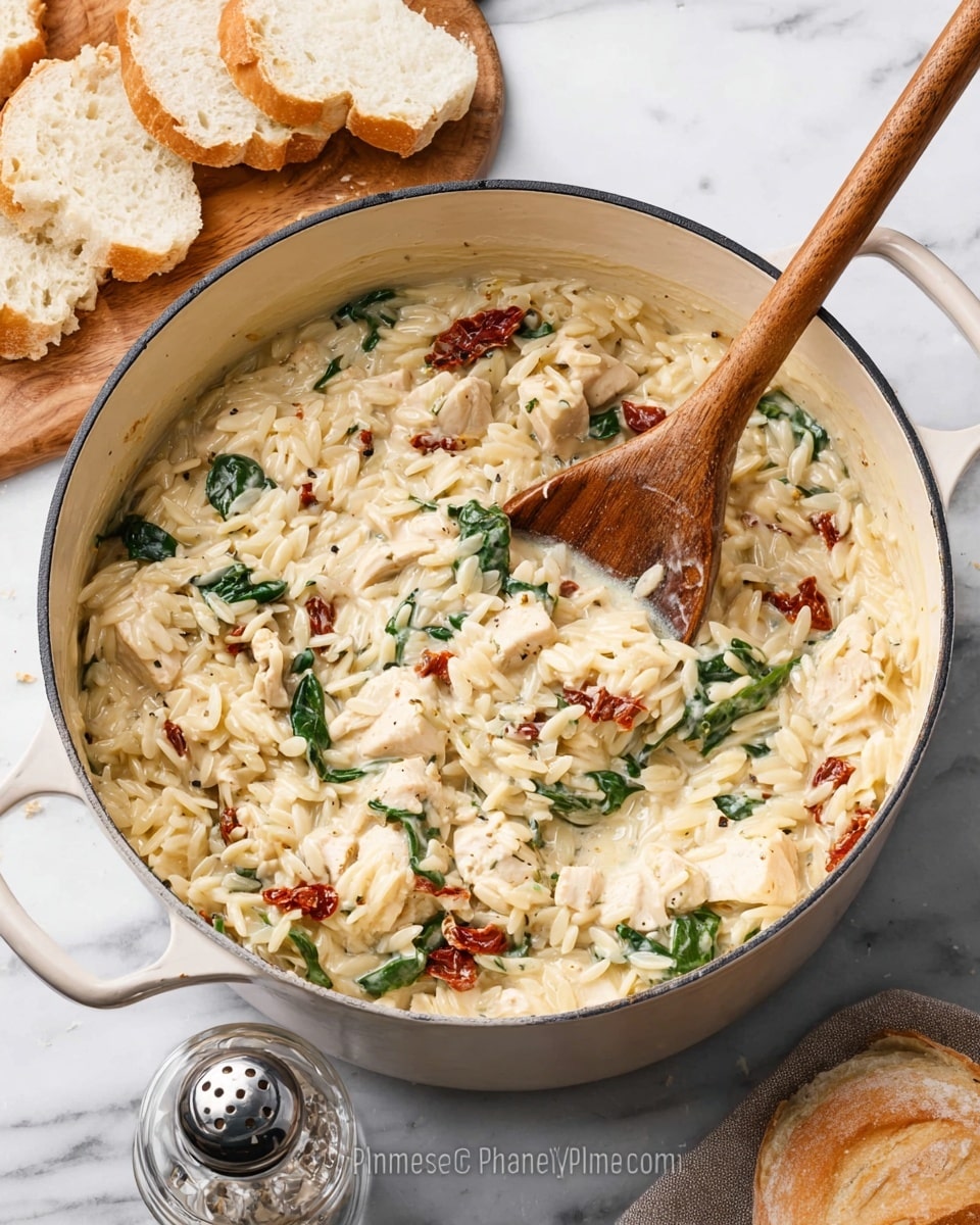 A large white pot holds a creamy orzo dish with visible layers of soft, small orzo pasta coated in a smooth, glossy white sauce. Within the orzo are chunks of tender, white pieces of chicken, bright green spinach leaves scattered evenly, and deep red sun-dried tomato pieces adding contrast. A wooden spoon with a warm brown tone rests inside the pot, partially stirring the mixture, showing the thick texture. The pot sits on a white marbled surface next to torn pieces of soft white bread on a wooden board, and a clear pepper grinder is visible nearby. photo taken with an iphone --ar 4:5 --v 7