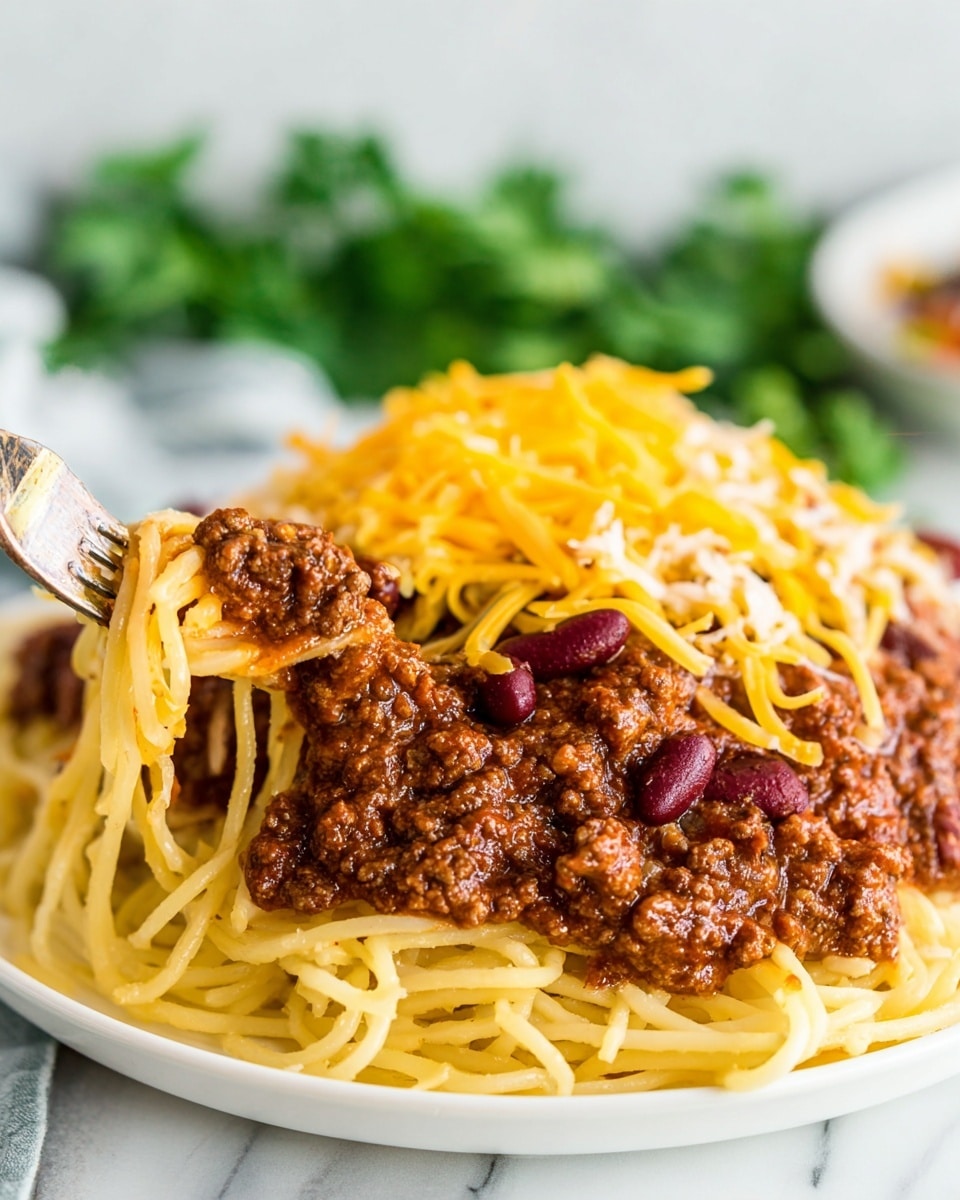 A white plate holds a layered dish beginning with a base of yellowish spaghetti noodles that are slightly shiny and tangled. On top of the noodles sits a thick layer of dark brown ground meat sauce with a rich, crumbly texture. Scattered within the meat are small red kidney beans, adding a deep red color. The upper layer is bright yellow shredded cheddar cheese mixed with small white onion chunks. A fork is stuck into the meat sauce, lifting some of it along with a few noodles. The background shows a soft green blur of leafy greens on a white marbled surface. Photo taken with an iphone --ar 4:5 --v 7