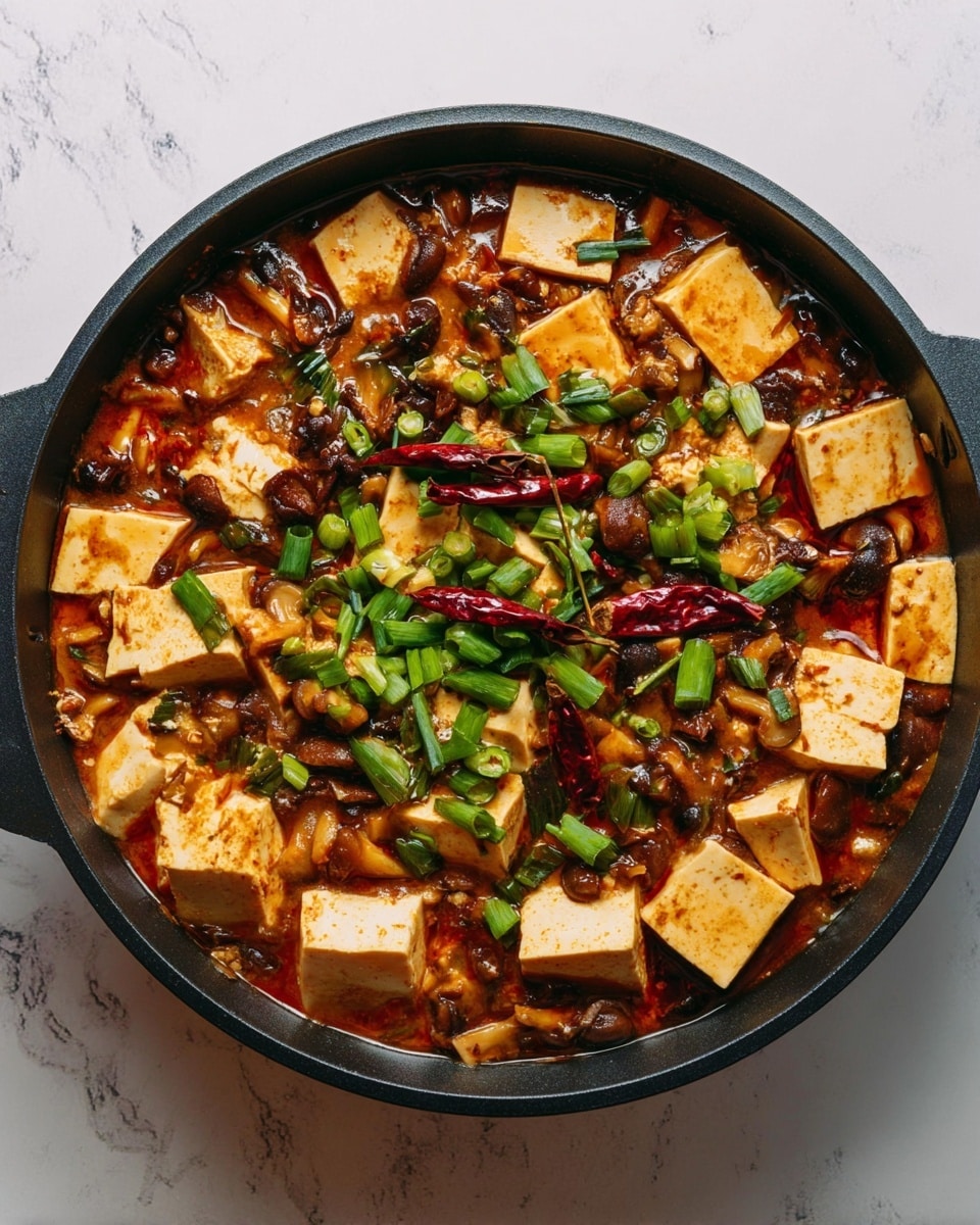 A close-up top view of a black round pan filled with a rich tofu dish, showing large cubes of soft beige tofu mixed with small, diced mushrooms in a thick reddish-brown sauce, topped with bright green sliced scallions and a few whole dried red chilies scattered on the surface. The mushrooms add a chunky texture, while the sauce looks glossy and well-coated over all ingredients. The pan is set on a white marbled texture background. photo taken with an iphone --ar 4:5 --v 7