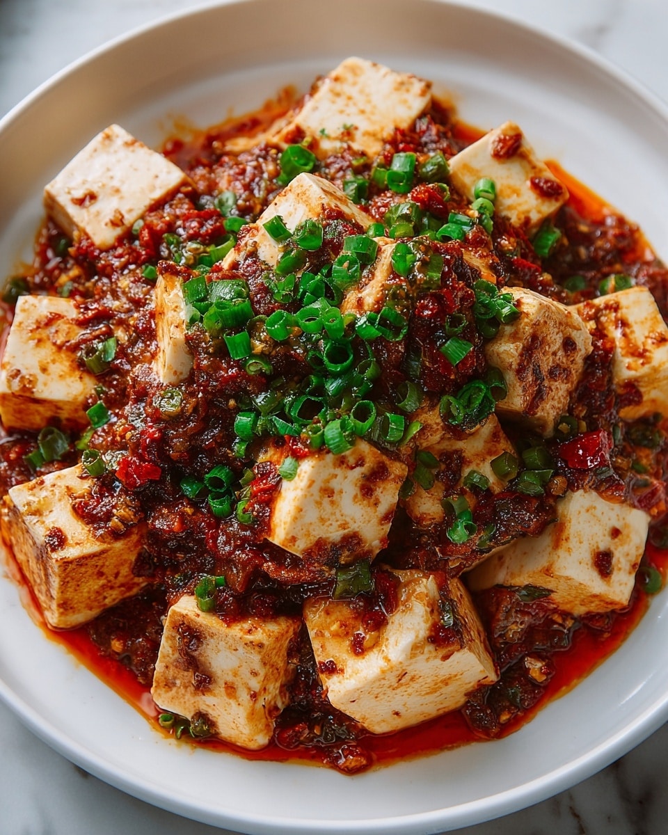 A white plate filled with a dish made of large, soft tofu cubes that are pale cream in color and slightly stained with a red spicy sauce. The tofu is mixed with a thick, chunky sauce that has a deep red color with bits of dark brown and orange, giving it a textured, oily look. Bright green chopped scallions are sprinkled generously on top, adding fresh color contrast. The dish sits on a white marbled surface. photo taken with an iphone --ar 4:5 --v 7