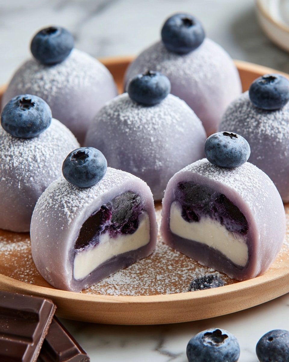 The image shows six round, pale purple mochi pieces on a white marbled surface, arranged on a light brown wooden plate. Each mochi is topped with a single fresh blueberry and dusted with powdered sugar, giving a soft, snowy look. Two mochi pieces are cut open, showing inside layers: a deep purple blueberry layer filled with whole blueberries and a creamy white layer at the bottom. A small piece of dark chocolate lies near the mochi. The overall colors are soft pastel purple, dark blue, and white, with smooth, slightly shiny mochi skin and textured filling. photo taken with an iphone --ar 4:5 --v 7