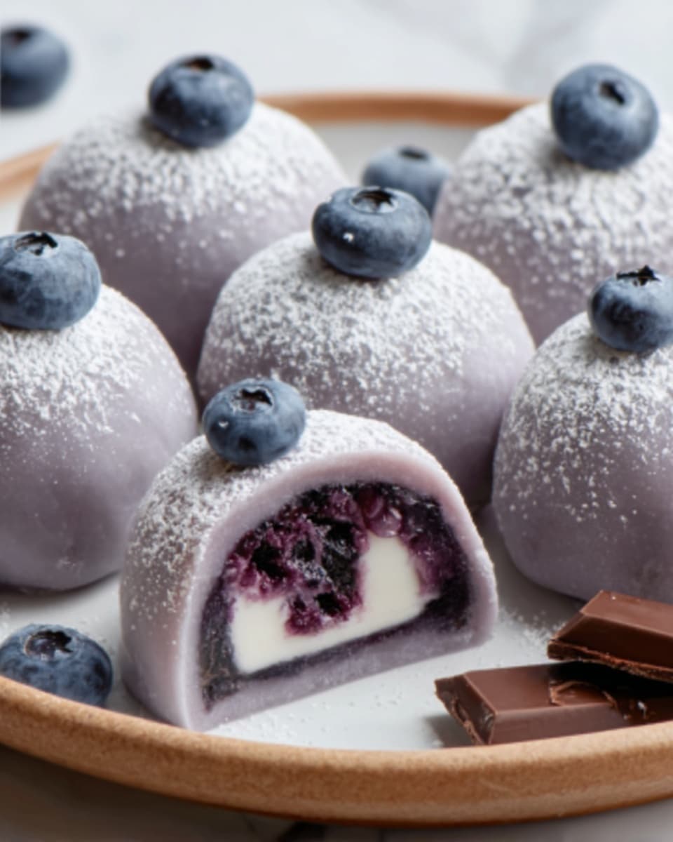 The image shows six round mochi balls with a smooth, light purple outer layer sitting on a white plate with a white marbled surface underneath. Each mochi has a dusting of white powdered sugar on top and is topped with a single fresh blueberry. One mochi is cut open to show its inside layers: a soft white creamy layer surrounding a dark purple filling made of blueberries. A piece of dark chocolate rests near the mochi on the plate. Photo taken with an iphone --ar 4:5 --v 7