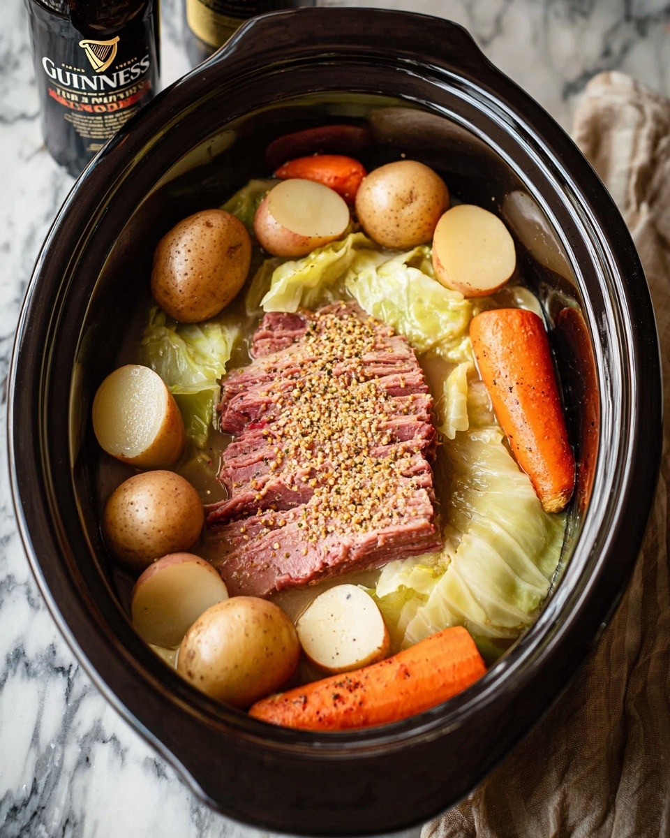 The dish is shown inside a black slow cooker, with a center layer of seasoned corned beef that has a pinkish color with mustard seeds and spices on top. Surrounding the meat are layers of light green cabbage leaves that have a soft, slightly wilted texture. Around the cabbage are several smooth, brown potatoes and bright orange carrots cut into large chunks, evenly spaced around the inside edge of the cooker. The overall look is homey and rustic, with a mix of earthy and vibrant colors. The background shows a white marbled texture surface with a partially visible Guinness beer bottle nearby. Photo taken with an iphone --ar 4:5 --v 7
