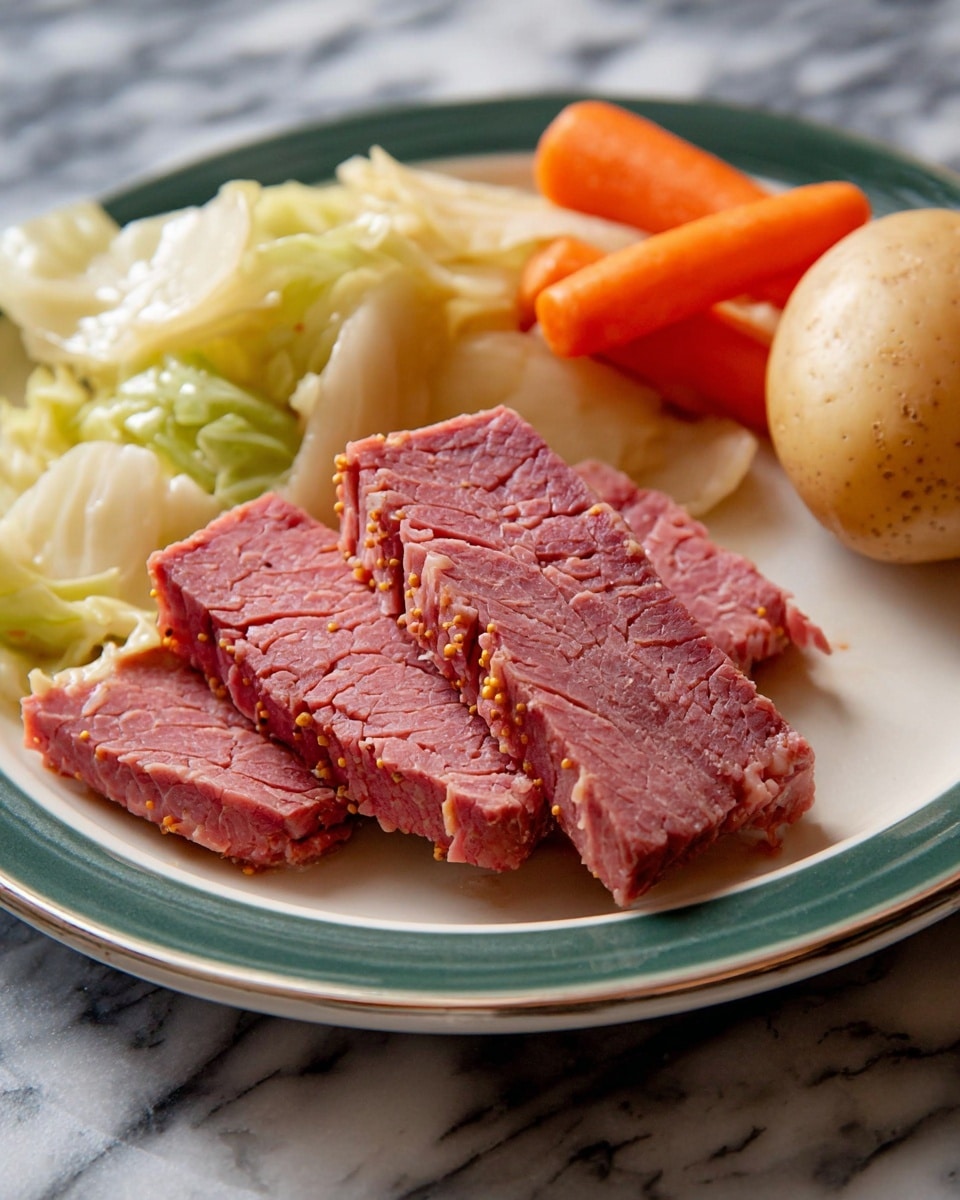 Three thick slices of pink corned beef with visible grain and mustard seeds lie stacked on the lower left side of a white plate, next to a layer of pale cooked cabbage with soft, slightly shiny leaves. Above the cabbage, two whole bright orange cooked carrot pieces rest side by side, and to the right, a whole light brown boiled potato sits on the plate. The plate is set on a white marbled texture. photo taken with an iphone --ar 4:5 --v 7