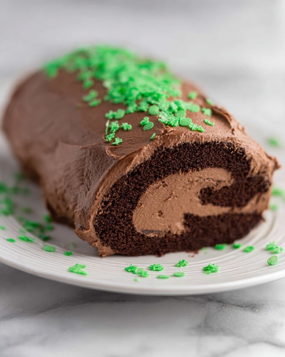 A chocolate roll cake is shown on a white plate with soft, smooth chocolate frosting covering its top and sides. The cake has one visible roll layer: a dark brown chocolate sponge cake layer spiraled around a lighter brown creamy chocolate filling. Bright green leaf-shaped sprinkles are scattered on top of the frosting and around the plate, creating a nice color contrast. The white plate has gentle ridges around its edge, sitting on a white marbled surface. The photo taken with an iphone --ar 4:5 --v 7