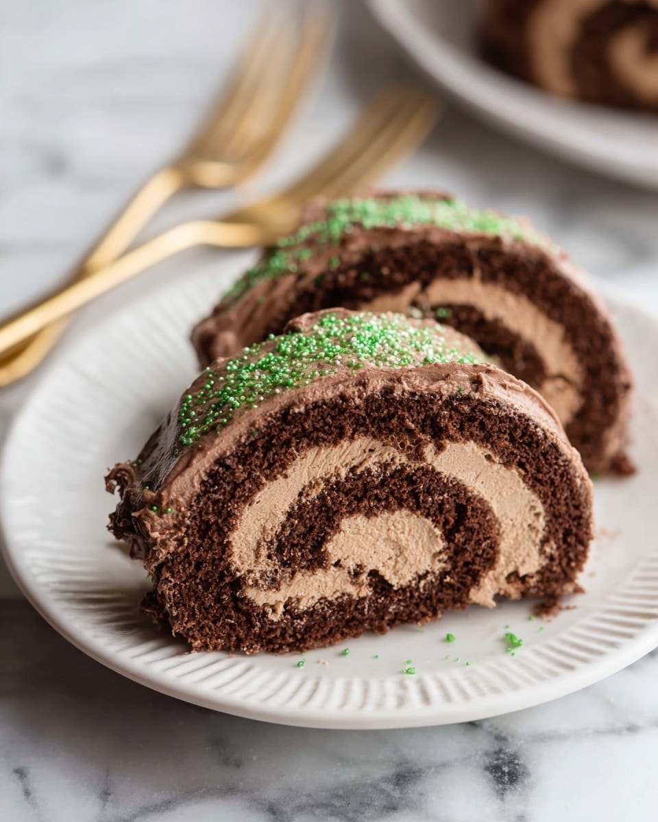 Two slices of chocolate roll cake are placed side by side on a white plate with a ridged edge, resting on a white marbled surface. Each slice shows a swirl pattern with three layers: a dark chocolate sponge cake outside, a smooth light brown chocolate cream filling in the middle, and the sponge cake rolled inside. The cake has a soft, slightly fluffy texture, covered with a darker chocolate frosting sprinkled with small green sugar decorations. Two gold forks lie behind the slices, slightly out of focus. Photo taken with an iphone --ar 4:5 --v 7