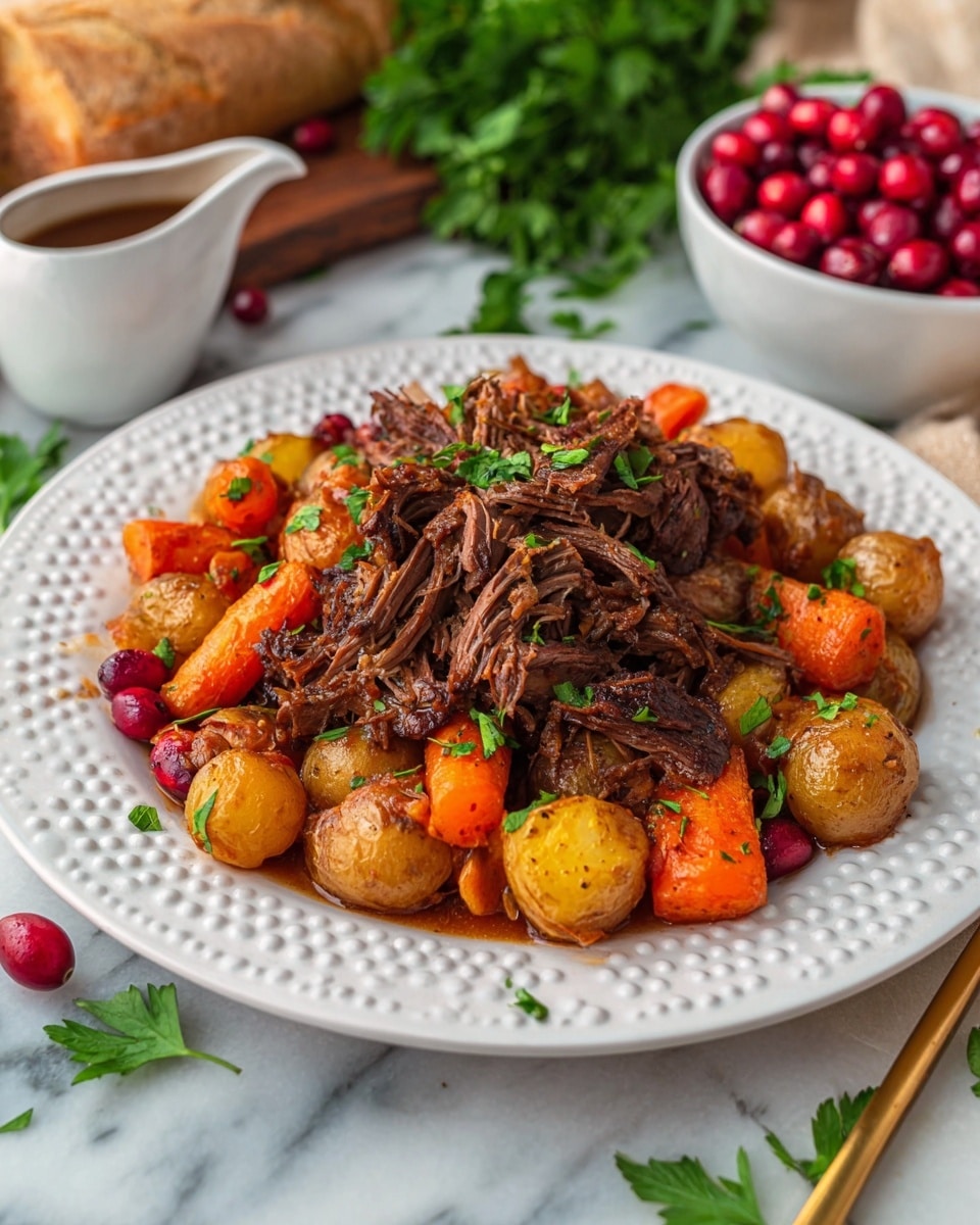 A white plate with a raised dotted edge holds a dish with two main layers. The base layer consists of golden-brown baby potatoes and orange baby carrots mixed together, showing a shiny, cooked texture. On top is a pile of shredded dark brown meat, tender and juicy looking, garnished with small pieces of bright green parsley. Around the food are a few fresh green parsley sprigs and bright red cranberries adding color contrast. The setting includes a white marbled surface, with a bowl of red cranberries in the background, a crusty piece of bread, a white gravy boat with brown sauce, and a gold fork nearby. photo taken with an iphone --ar 4:5 --v 7