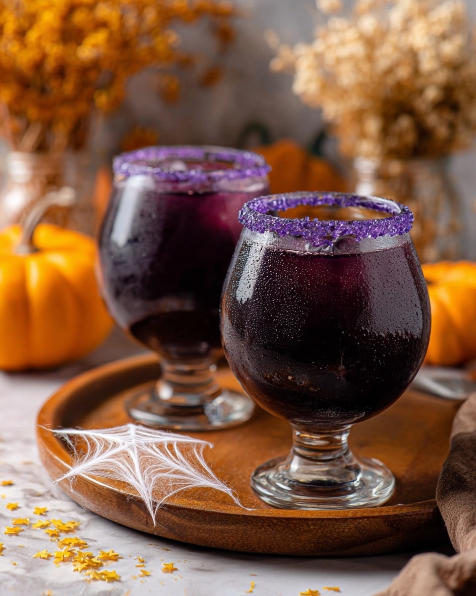 Two dark purple drinks fill round glasses with wide tops and narrow bases, each glass rimmed with bright purple sugar crystals. The drinks have a smooth, slightly wet surface showing small condensation drops. The glasses sit on a round wooden tray with a white spider-web decoration and small yellow star-shaped sprinkles scattered around. In the softly blurred background, light orange pumpkins and dried flower bunches add a warm touch on a white marbled surface. Photo taken with an iphone --ar 4:5 --v 7