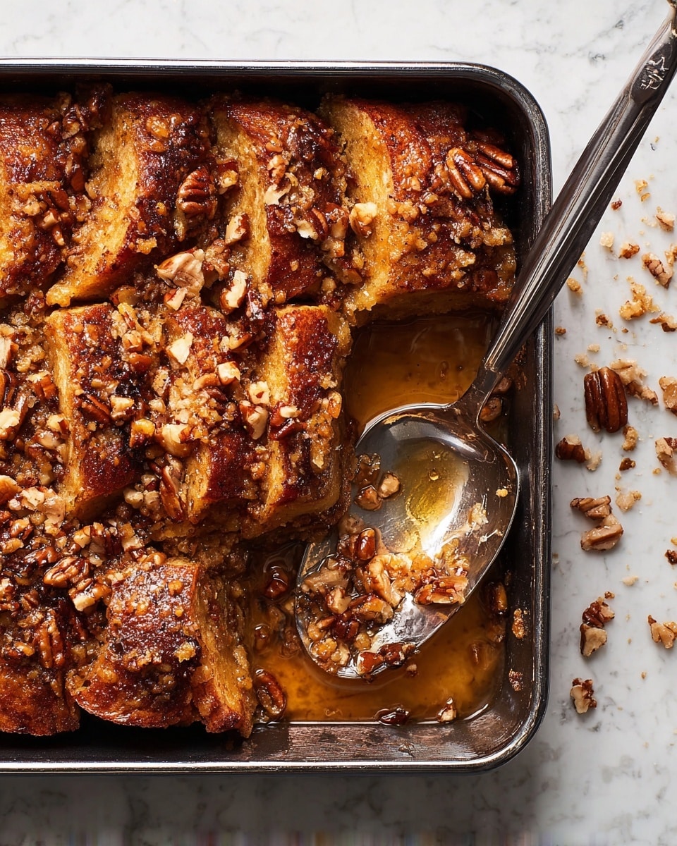 The image shows three layers of golden brown French toast on a white plate. The top layer has a melted pat of butter slowly spreading, adding a creamy texture. Around the toast, there are small pieces of chopped nuts scattered, giving a crunchy look, along with syrup glistening over the toast and pooling slightly on the plate. Fresh fruit accents include a blueberry near the top, red strawberry pieces behind the toast, and a blackberry towards the bottom. A silver fork rests on the right side of the plate, partially under the toast. The plate sits on a white marbled surface. photo taken with an iphone --ar 4:5 --v 7