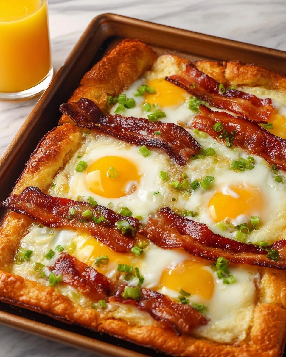 A rectangular baked dish with a golden brown crust forms the base layer, puffed and crispy around the edges. On top, there are five fried eggs with bright yellow yolks and white, fully cooked whites evenly spread across the dish. Crispy strips of reddish-brown bacon are laid crossing over the eggs, dividing the dish into sections. Small pieces of green chopped scallions are scattered all over, adding a fresh touch. The dish is placed on a baking tray, set against a white marbled surface, and a glass of orange juice appears blurred in the background. Photo taken with an iphone --ar 4:5 --v 7