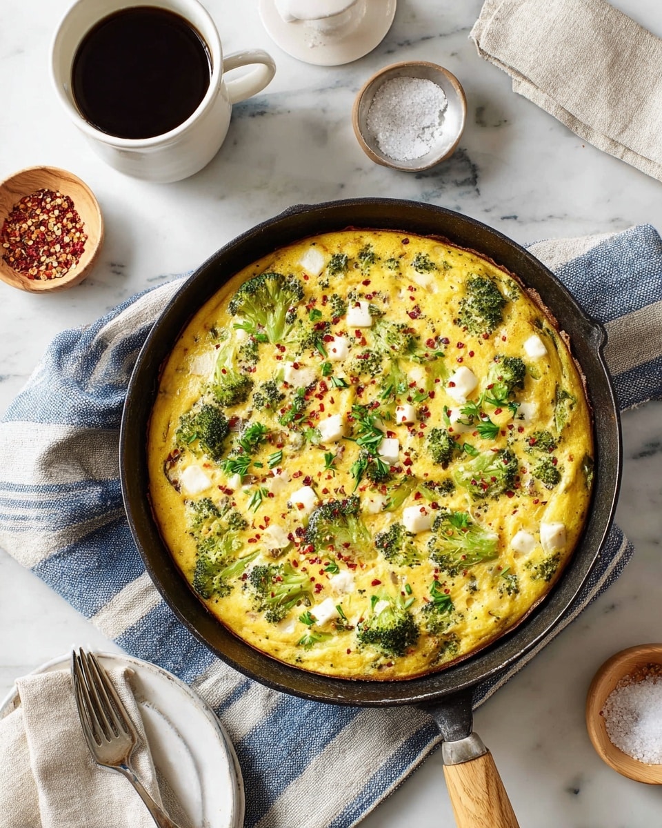 A round frittata sits in a black cast iron skillet with a crisp light brown edge, topped with bright green broccoli florets, chopped green vegetables, and white cheese chunks scattered throughout a fluffy, yellow egg base sprinkled lightly with red pepper flakes. The skillet rests on a blue and white striped cloth on a white marbled surface. Nearby, there is a white cup filled with dark coffee and a spoon inside, a white plate with folded beige and white cloth napkins and two forks, a small white bowl with red pepper flakes, a small wooden bowl with salt, and a beige-handled knife. Photo taken with an iphone --ar 4:5 --v 7